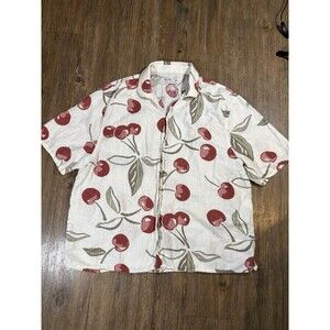 Hollister Linen Blend Cherry Print Shirt Mens XL Summer Vacation Button Up